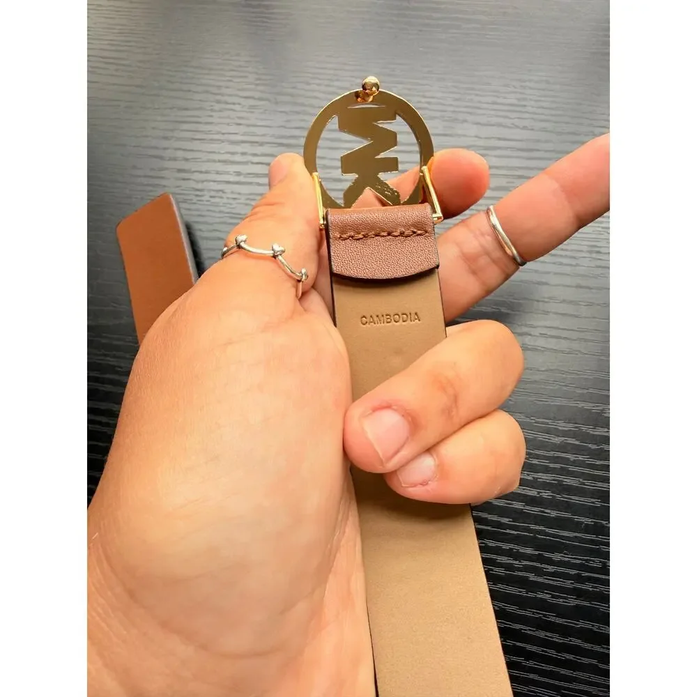 Authentic Michael Kors Brown Leather Belt Gold Crystal MK Buckle S/M READ BELOW